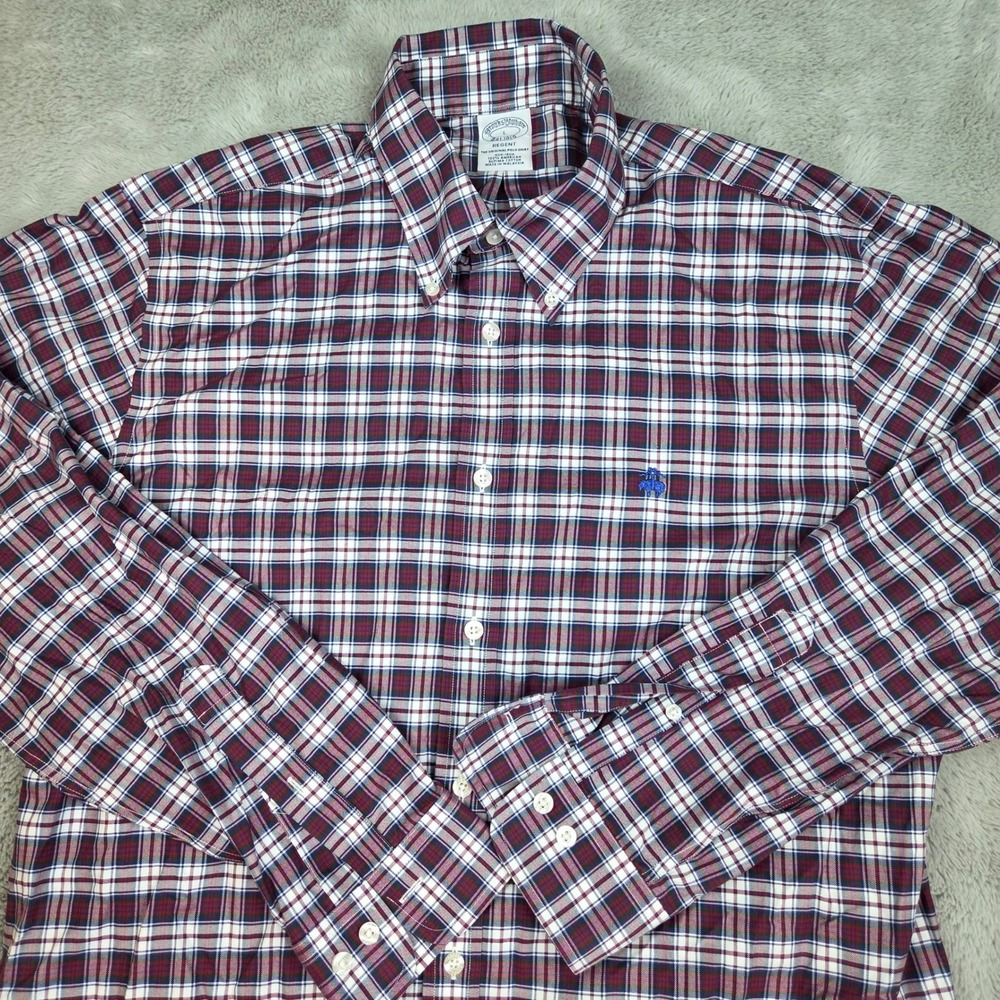 Brooks Brothers Supima Cotton Shirt Mens L Regent Non-Iron Plaid Red White Blue